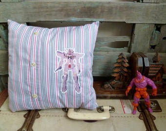 Retro Transformer Toy Transfer on Pink, Black & White Stripe Shirt Fabric, OOAK Small Cushion, Boy's Throw Pillow, Statement Cushion