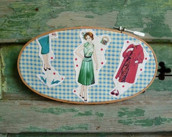 Vintage Fashion Girl Applique Wall Decor, Original Handmade Hoop Art, Vintage Fabric Collage Textile Art