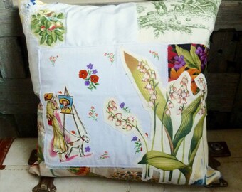 Springtime in Paris Collage, Applique Cushion Cover, Vintage Textiles, Linens, Shabby Chic, Cottage Chic, Hand Made, Original, Unique Ltd Ed