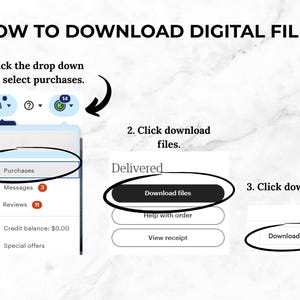 Puede incluir: Una captura de pantalla de una pantalla de ordenador que muestra c&oacute;mo descargar archivos digitales desde una tienda online. Los pasos son: 1. Haz clic en el men&uacute; desplegable y luego selecciona compras. 2. Haz clic en descargar archivos. 3. Haz clic en descargar.