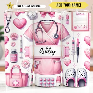 May include: A pink and white stainless steel tumbler with a nurse theme. The tumbler features a pink scrub top with a stethoscope, a heart, a syringe, and other medical-related imagery. The text "Nurse" and "Ashley" are included on the tumbler.
