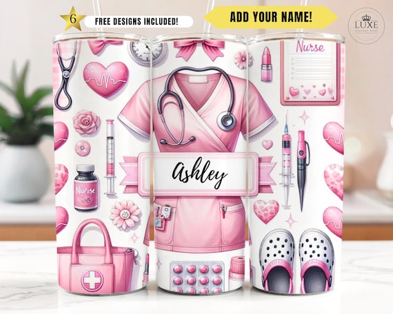 Nurse Tumbler Wrap PNG, 20oz Skinny Nurse Sublimation Design, Pink Personalized Nurse Gift, Custom Nursing Student Gift