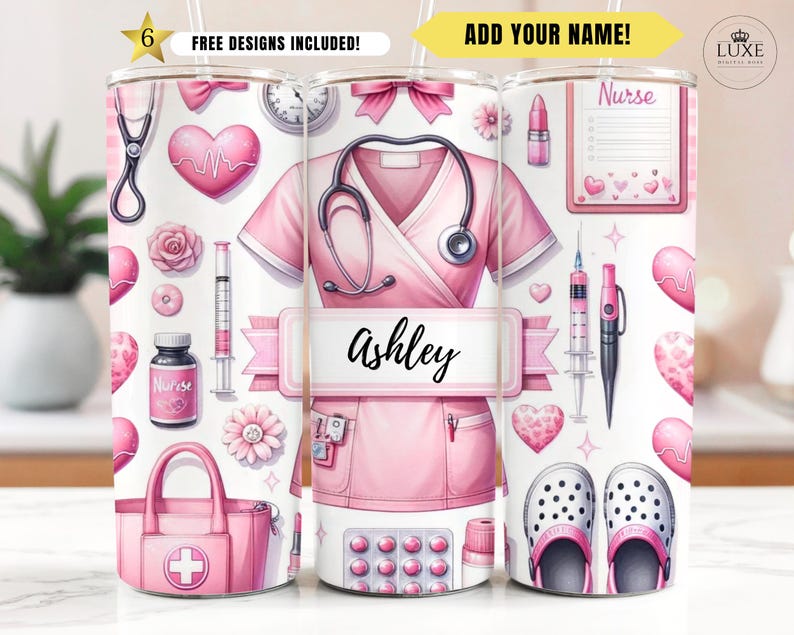 Customizable 20oz skinny tumbler wrap for nurses featuring a pink scrub top with a stethoscope, surrounded by nurse-themed elements like a syringe, pill bottle, clipboard, lipstick, Crocs, and medical bag. A blank pink banner is centered on the scrub top for adding a custom name or text. Feminine design with heart graphics, flowers, and a soft pink and white color palette, perfect for sublimation