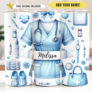 May include: A personalised stainless steel tumbler with a blue and white design featuring a nurse's uniform, medical supplies, and the name "Melissa".