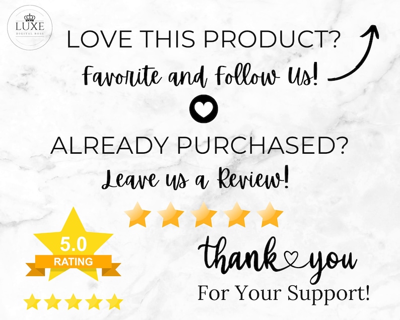 Puede incluir: Un fondo blanco con texto negro que dice "LOVE THIS PRODUCT? Favorite and follow us!" con un s&iacute;mbolo de coraz&oacute;n. Debajo del texto est&aacute; "ALREADY PURCHASED? Leave us a review!" con cinco estrellas doradas. Debajo de las estrellas hay una estrella dorada con una cinta roja que dice "5.0 RATING". Debajo de la calificaci&oacute;n hay otras cinco estrellas doradas. Debajo de las estrellas hay texto negro que dice "thank you For Your Support!" con un s&iacute;mbolo de coraz&oacute;n.
