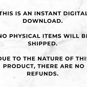 Puede incluir: Texto sobre un fondo de m&aacute;rmol blanco que dice: "Esta es una descarga digital instant&aacute;nea. No se enviar&aacute;n art&iacute;culos f&iacute;sicos. Debido a la naturaleza de este producto, no hay reembolsos."