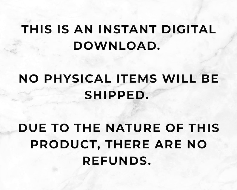 Puede incluir: Texto sobre un fondo de m&aacute;rmol blanco que dice: "Esta es una descarga digital instant&aacute;nea. No se enviar&aacute;n art&iacute;culos f&iacute;sicos. Debido a la naturaleza de este producto, no hay reembolsos."