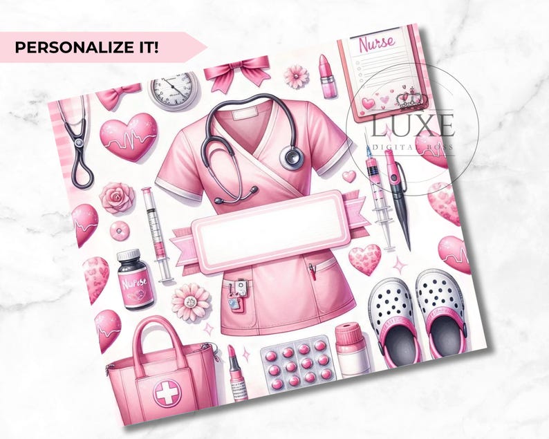 Puede incluir: Una portada de agenda imprimible rosa y blanca con un uniforme de enfermera, un estetoscopio, un coraz&oacute;n, una jeringa, un frasco de pastillas y un par de zuecos rosas y blancos. El texto "Nurse" est&aacute; en la portada de la agenda.