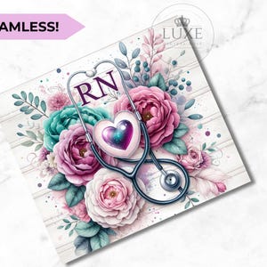 May include: A digital paper with a white wood background, pink, purple, and teal flowers, a stethoscope with a heart and the letters RN.