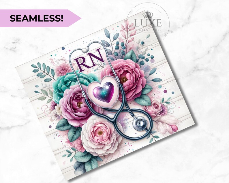May include: A digital paper with a white wood background, pink, purple, and teal flowers, a stethoscope with a heart and the letters RN.