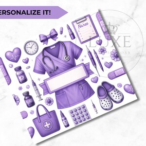 May include: Purple and white digital paper featuring a nurse's uniform, stethoscope, medical supplies, and the word "Nurse" on a notepad.