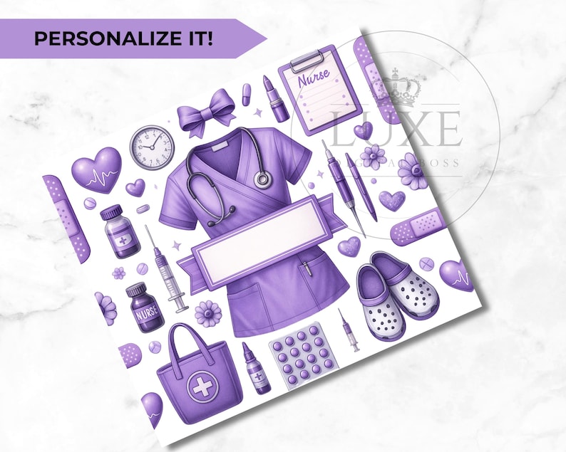 May include: Purple and white digital paper featuring a nurse's uniform, stethoscope, medical supplies, and the word "Nurse" on a notepad.
