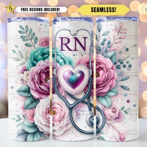 Seamless 20oz skinny tumbler wrap featuring bold 'RN' lettering above a galaxy heart cradled by a stethoscope. Surrounded by lush watercolor peonies in shades of pink, blush, and teal, with delicate greenery and a light wood background. Elegant and feminine design ideal for registered nurse gifts and sublimation projects