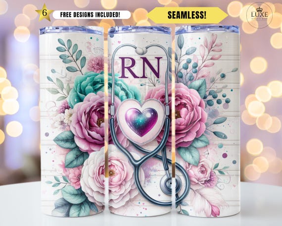 Nurse Tumbler Wrap PNG, 20oz Skinny Tumbler Seamless Sublimation Design, Watercolor Floral Nurse Stethoscope PNG, RN Gift idea