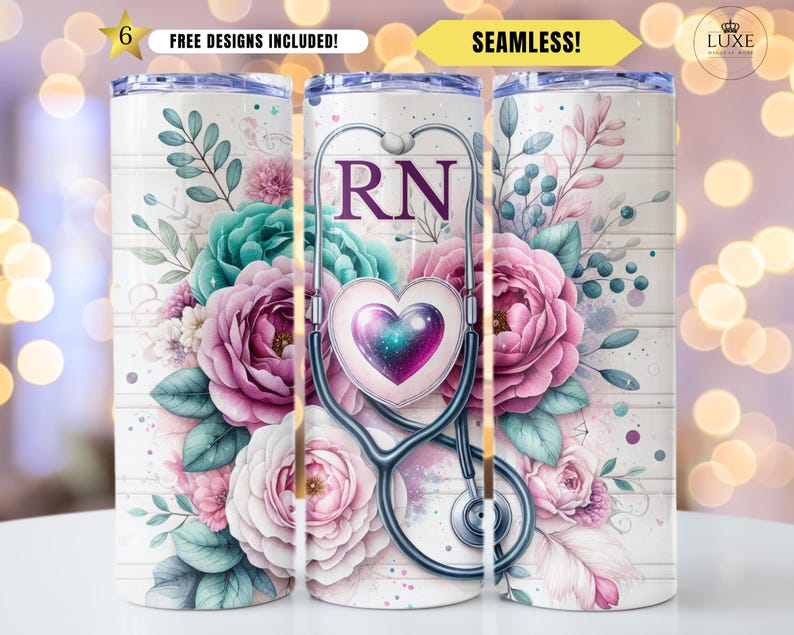 Seamless 20oz skinny tumbler wrap featuring bold 'RN' lettering above a galaxy heart cradled by a stethoscope. Surrounded by lush watercolor peonies in shades of pink, blush, and teal, with delicate greenery and a light wood background. Elegant and feminine design ideal for registered nurse gifts and sublimation projects