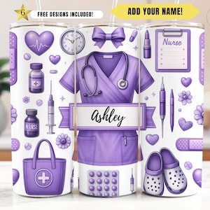 以下が含まれることがあります： 紫と白のタンブラーで、看護師をテーマにしています。タンブラーには、紫色のスクラブトップ、聴診器、注射器、薬瓶、包帯、そして「看護師」という文字が描かれています。