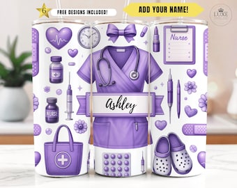 Envoltura para vaso de enfermera, PNG delgado de 20 oz, diseño de sublimación de enfermera morado, regalo de enfermera personalizado, regalo de graduación de enfermera, regalo personalizado para estudiantes de enfermería