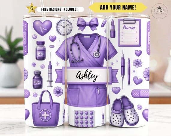 Nurse Tumbler Wrap, 20oz Skinny PNG, Purple Nurse Sublimation Design, Personalized Nurse Gift, Nurse Graduation Gift, Custom Nursing Student