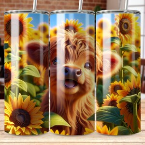 Sunflower Highland Cow Print Tumbler Wrap, 20oz Skinny Tumbler, Straight and Tapered Tumbler Wrap, Cow Sublimation Design, Cow Lovers Gift