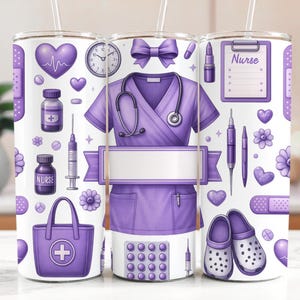 May include: Three purple and white stainless steel tumblers with a nurse theme. The tumblers feature a variety of images including a stethoscope, a nurse's uniform, pills, bandages, and the word "Nurse".