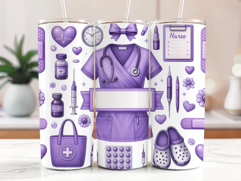 May include: Three purple and white stainless steel tumblers with a nurse theme. The tumblers feature a variety of images including a stethoscope, a nurse's uniform, pills, bandages, and the word "Nurse".