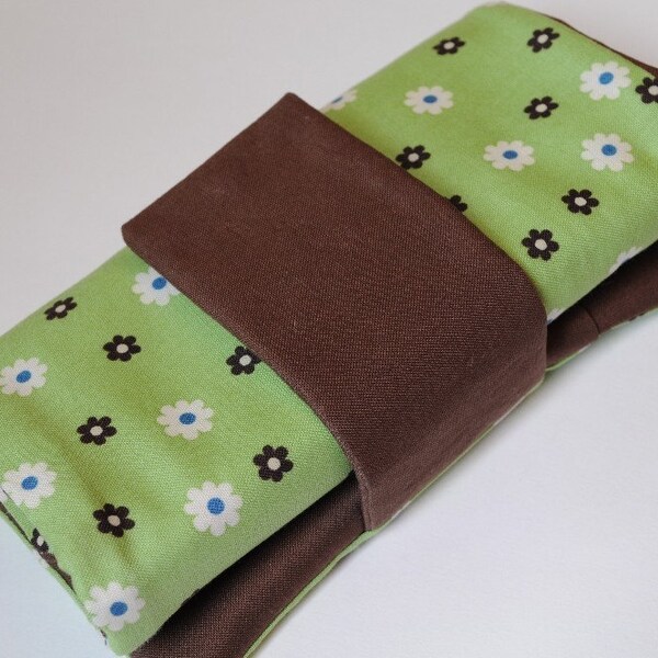 Knitting Needle Case for Interchangeable Tips and Circulars - Green with Brown and White Flowers