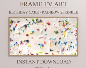 Arte digital para TV con marco de Samsung, pastel de cumpleaños, chispas de arcoíris, decoraciones para fiestas de cumpleaños, descarga instantánea.