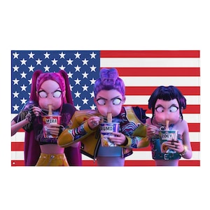 May include: A flag featuring the American flag as a backdrop. Three animated figures are eating noodles from cups. The cups are labeled "Mira", "Rumi", and "Zoey". The figures have different hair colors and wear various outfits.