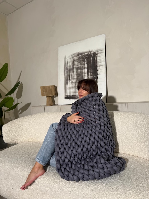 Chunky Knit Weighted Blanket: Large Cotton Yarn Boho Throw