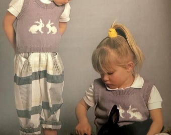 Child and Teddy Vest Knit Pattern, Bunny Motif, Sleeveless Sweater, PDF Download