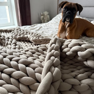 May include: A chunky knit blanket in a neutral beige color is draped over a bed. The thick, braided texture of the blanket is prominent. A brown Boxer dog with a black muzzle is lying on the bed, looking at the camera.