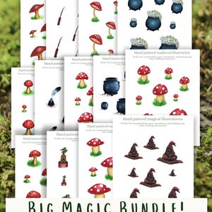 Bundle imprimable Magic Wizards & Toadstools – Ensemble de 13 pages de cliparts peints à la main pour journaux indésirables, scrapbooking et travaux manuels