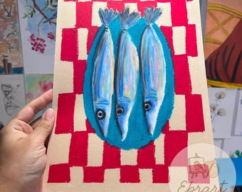 Arte imprimible de peces en plato / Dibujo de peces en tonos pastel / Arte digital para pared / Decoración de cocina costera / Ilustración de peces para imprimir / Descarga digital