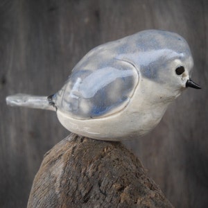 May include: A ceramic bird sculpture with a blue and white glaze, perched on a piece of driftwood. The bird has a small black beak and a white belly.