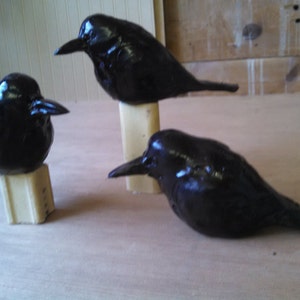 May include: Three glossy black bird figurines with beaks, perched on small, rectangular, off-white blocks. The birds are arranged on a light-colored wooden surface. The figurines have a smooth, reflective finish.