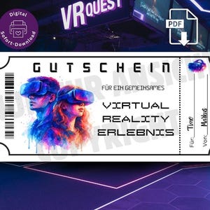 Könnte beinhalten: Ein digitaler VR Quest Gutschein mit einer farbenfrohen Illustration von zwei Personen mit VR-Headsets. Das Ticket enthält den Text "GUTSCHEIN" und "VIRTUAL REALITY ERLEBNIS".