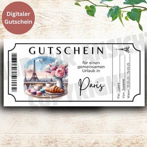 Paris travel voucher to print Gift for couples Anniversary Birthday Surprise City break Last minute gift Weekend trip