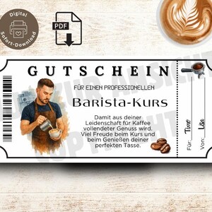 May include: A digital gift voucher with a barista theme. The voucher features a watercolor illustration of a barista pouring coffee, with text in German. Includes a coffee cup and coffee beans.