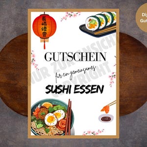 Voucher Sushi Uit Eten Voucher Kaart Uitnodiging PDF + JPG Downloaden om zelf af te drukken of digitaal te versturen Last Minute Cadeau
