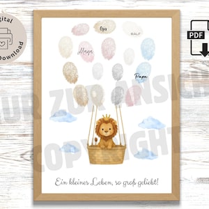 Digitales Babyshower Löwe Heißluftballon Gästebuch Fingerabdruck Geschenk Geburt Babyparty Deko Gender Reveal Download Poster PDF auf DE+EN