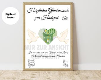 Prezent ślubny w postaci pieniędzy, plakat ślubny, pięknie zapakowane pieniądze, prezent ślubny dla panny młodej i pana młodego, cyfrowy wydruk A4/A5 DIY na ostatnią chwilę