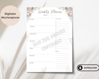 Digitaler Wochenplaner zum Ausdrucken A4 + A5 Format PDF Datei Digitaler Download Planer Goodnotes Aufgaben Checkliste To Do Liste