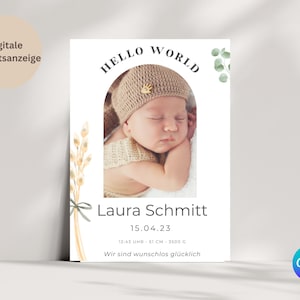 Anuncio de nacimiento digital Plantilla de nacimiento neutral Tarjeta de nacimiento Tarjeta electrónica Canva Anuncio de nacimiento Bebé personalizable Flor seca