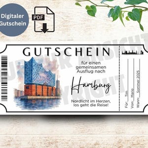 Reisegutschein Hamburg zum Ausdrucken Digital Geschenkidee Kurzurlaub digital verschicken Ausflug Erlebnisgeschenk Städtetrip Norden Elbe