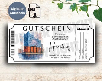 Reisegutschein Hamburg zum Ausdrucken Digital Geschenkidee Kurzurlaub digital verschicken Ausflug Erlebnisgeschenk Städtetrip Norden Elbe
