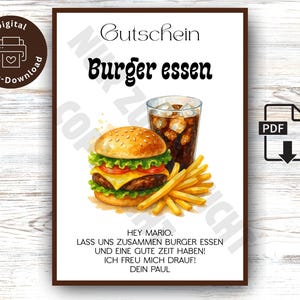 Burger essen gehen Gutschein Abendessen Gemeinsame Zeit Geschenkgutschein Essen gehen Einladung Restaurant Gutscheinvorlage Gutscheinidee