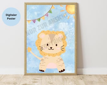 Digital Poster Lion Pastel Sun Children's Room Minimalist Wall Decoration Wall Art Boy Blue Brown Kindergarten Animals Animal Print Playroom