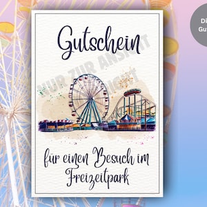 Freizeitpark Gutschein Digitale Karte Postkarte Freizeitpark PDF JPG download Vergnügungspark Besuch Erlebnisgutschein A5 A6 zum ausdrucken