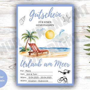 Digitaler Reisegutschein Urlaub am Meer Strand zum Ausdrucken Geschenkidee Gutschein Städtereise Kurzurlaub digital verschicken Sommer Sonne