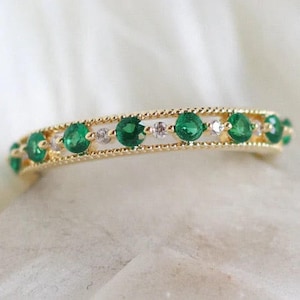 14k Emerald Round Band Ring, Gold Eternity Wedding Band Women, Dainty Stacking Ring, Green Gemstone Cz Ring, Mother Day Gifts, gift for her